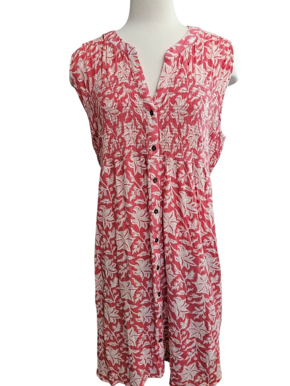 Knox Rose XXL Pink & White Floral Button-Front Smocked Sleeveless Dress